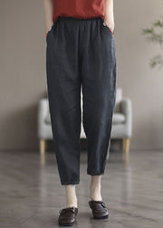 Elegant Black tPatchwork Elastic Waist Solid Linen Crop Pants