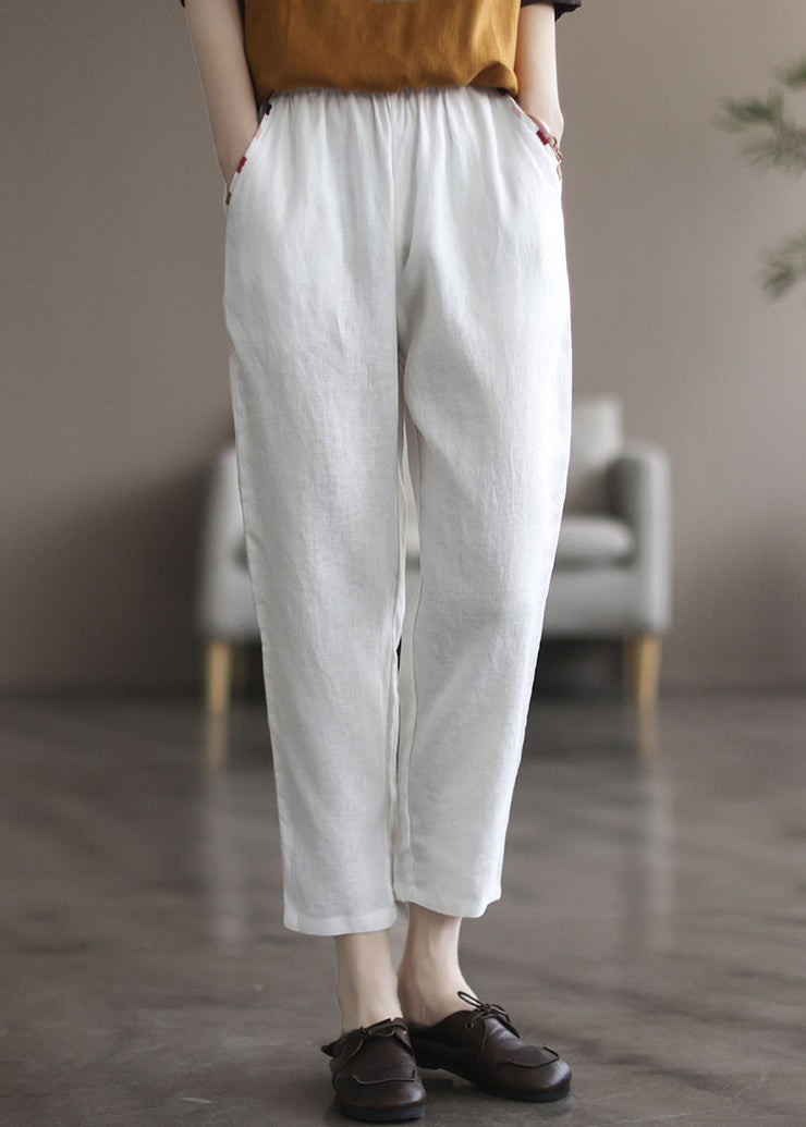 Elegant Black tPatchwork Elastic Waist Solid Linen Crop Pants