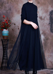 Elegant Black tulle Patchwork Knit Dress Spring