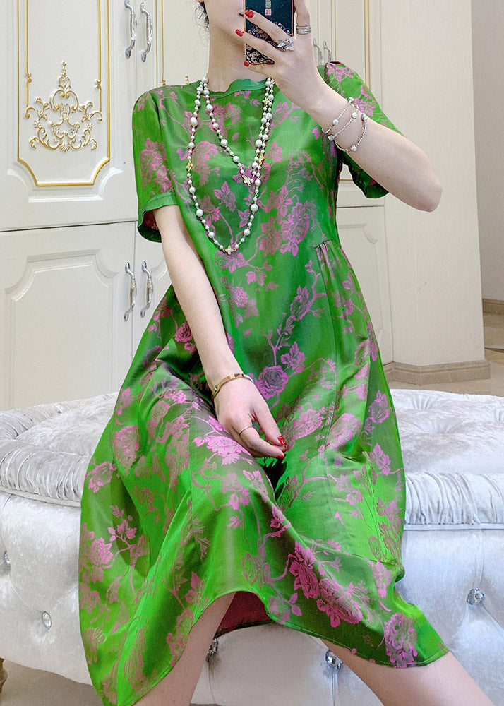 Elegante, schwarzgrüne, faltige Seidenkleider mit O-Ausschnitt und kurzen Ärmeln