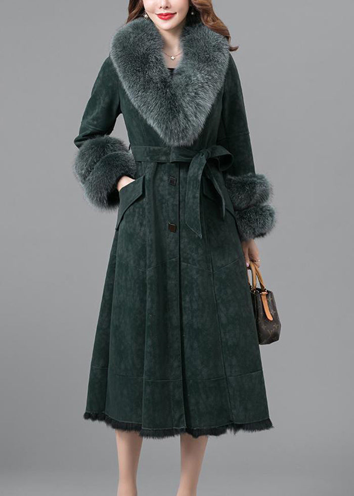 Elegant Blackish Green Slim Fit Faux Rabbit Leather And Fur Coats Winter