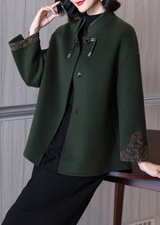 Elegant Blackish Green Solid Button Wool Coat Long Sleeve