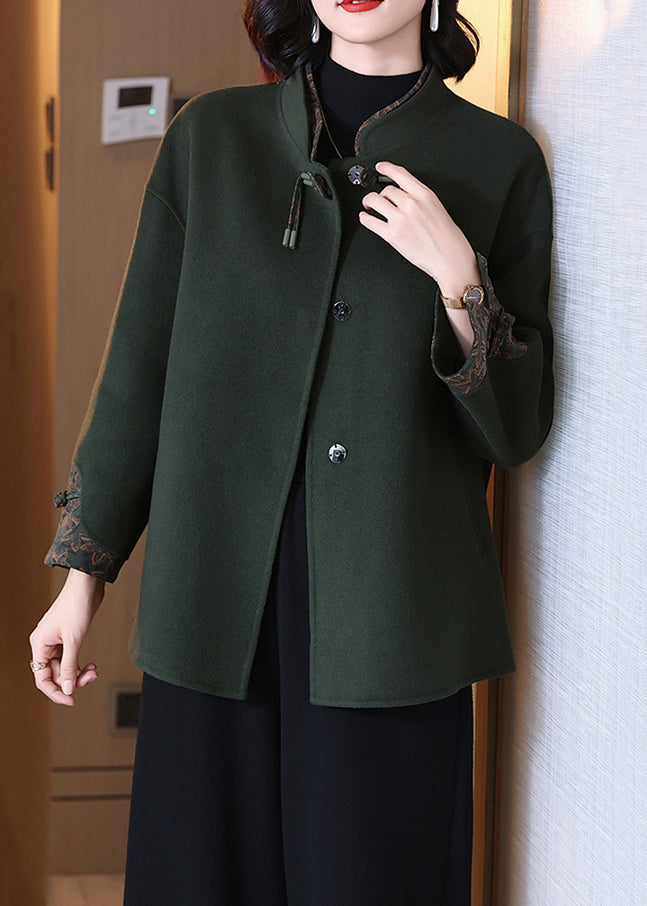 Elegant Blackish Green Solid Button Wool Coat Long Sleeve