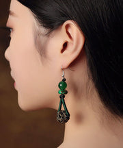 Elegant Blackish Green Sterling Silver Alloy Green Agate Emperor Stone Drop Earrings