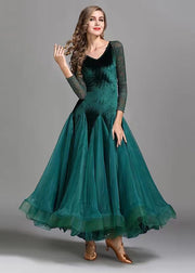 Elegant Blackish Green V Neck Patchwork Velour Dance Dress Long Sleeve