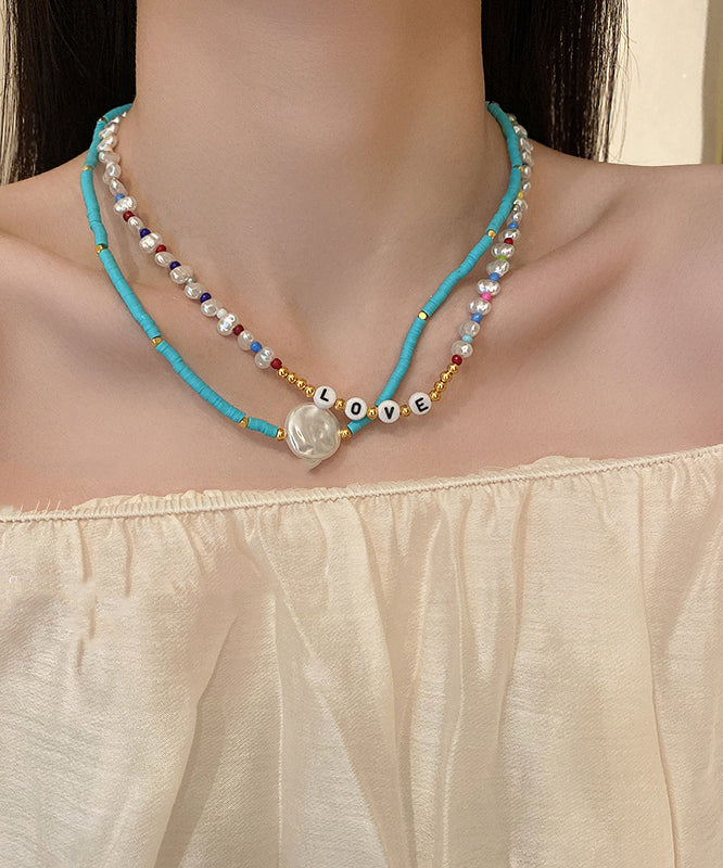 Elegant Blue Alloy Acrylic Pearl Bilayer Beading Graduated Bead Necklace