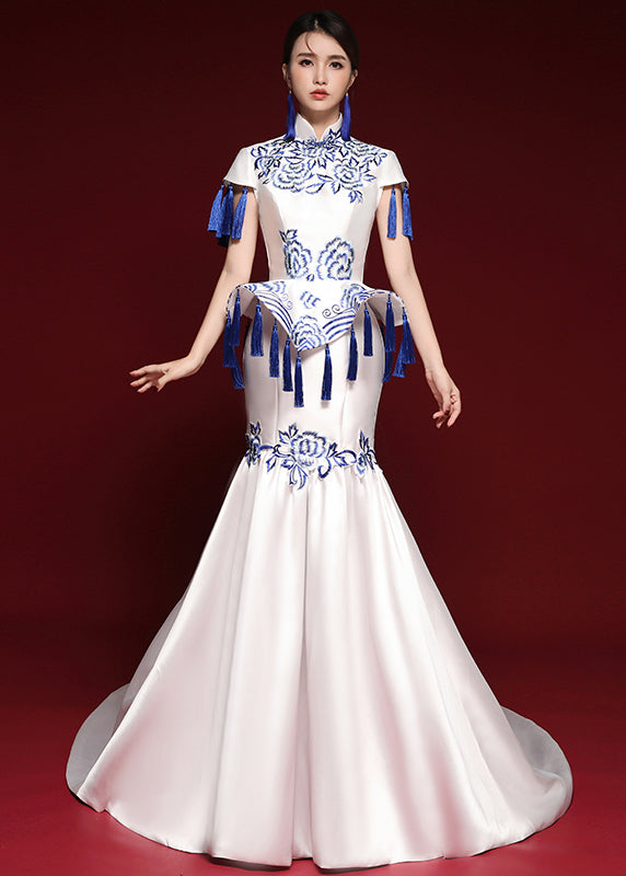 Elegant Blue And White Porcelain Tassel Embroidered Long Dress Short Sleeves