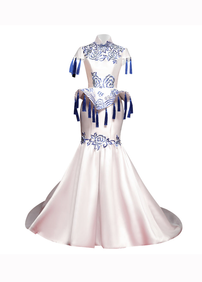 Elegant Blue And White Porcelain Tassel Embroidered Long Dress Short Sleeves