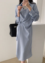 Elegant Blue Asymmetrical Cotton Holiday Dress Long Sleeve
