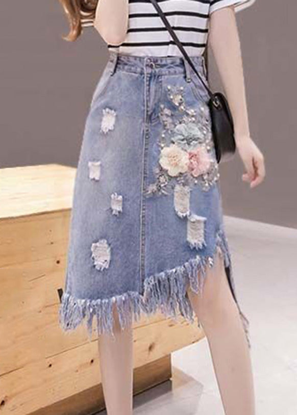 Elegant Blue Asymmetrical Patchwork Tassel Hole Denim Skirts Summer