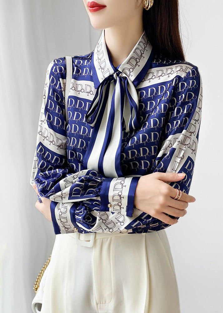 Elegant Blue Bow Print Wrinkled Silk Blouse Tops Spring