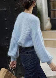 Elegant Blue Button Hollow Out Ma Hai Mao Sweaters Lantern Sleeve