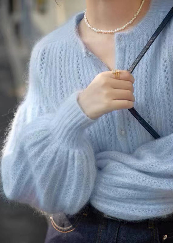 Elegant Blue Button Hollow Out Ma Hai Mao Sweaters Lantern Sleeve