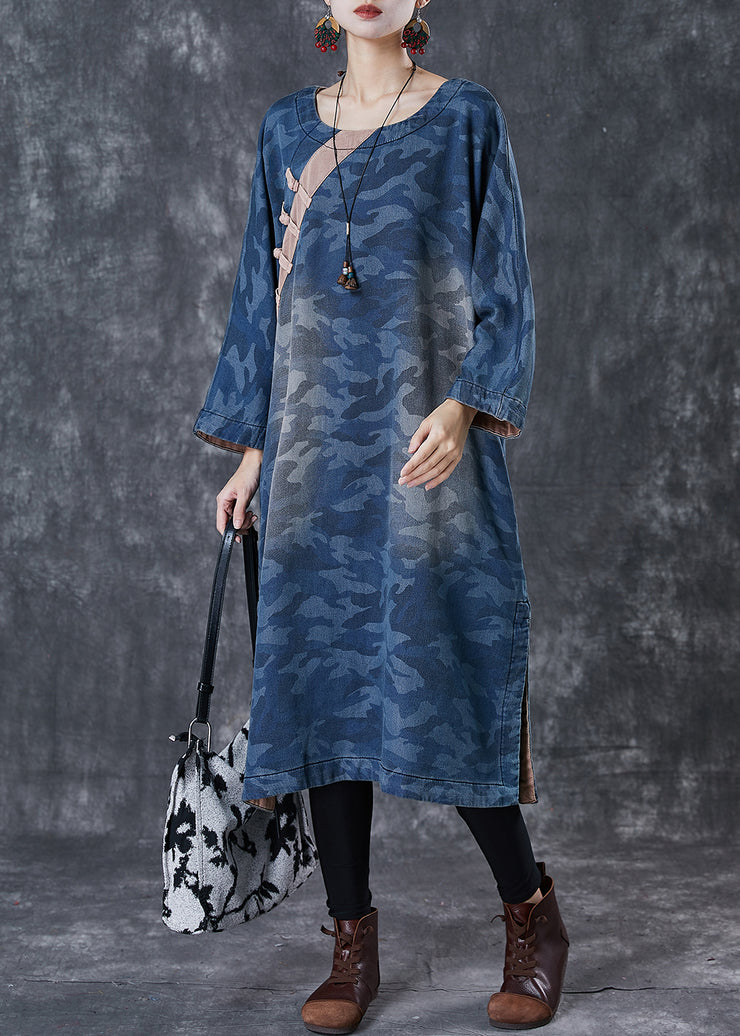 Elegant Blue Camouflage Print Chinese Button Denim Dress Spring