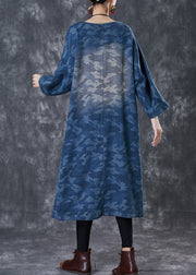Elegant Blue Camouflage Print Chinese Button Denim Dress Spring