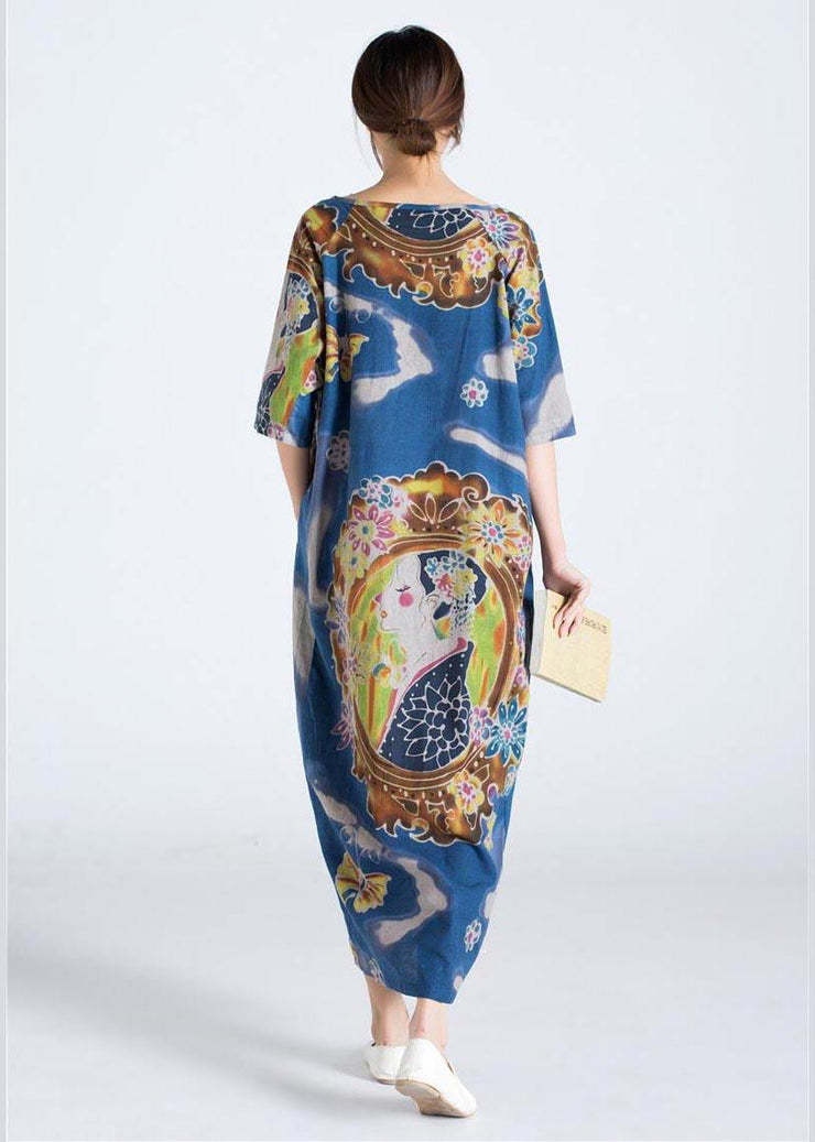 Elegant Blue Character Print Clothes O Neck Long Summer Dress - SooLinen