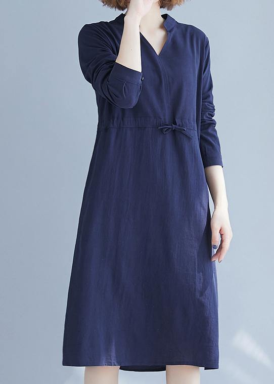 Elegant Blue Clothes For Women V Neck Drawstring Dresses Spring Dresses - SooLinen