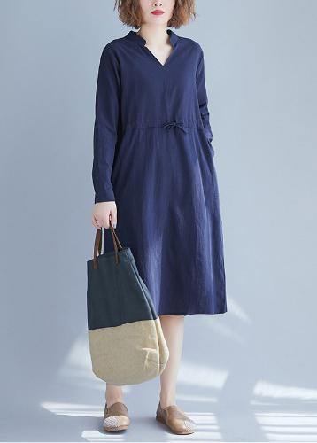 Elegant Blue Clothes For Women V Neck Drawstring Dresses Spring Dresses - SooLinen