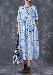 Elegant Blue Dot Oversized Patchwork Linen Maxi Dresses Summer