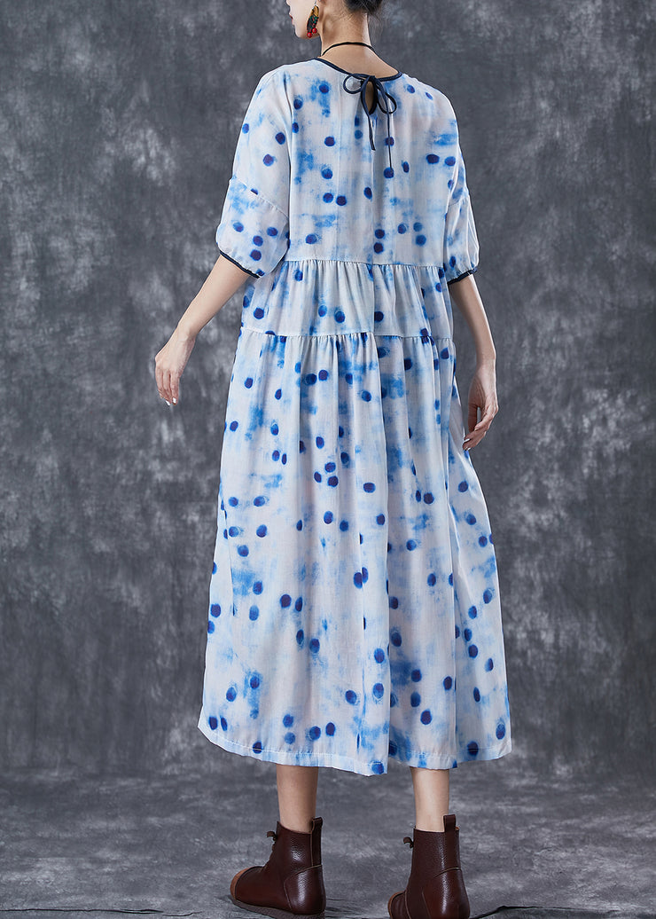 Elegant Blue Dot Oversized Patchwork Linen Maxi Dresses Summer