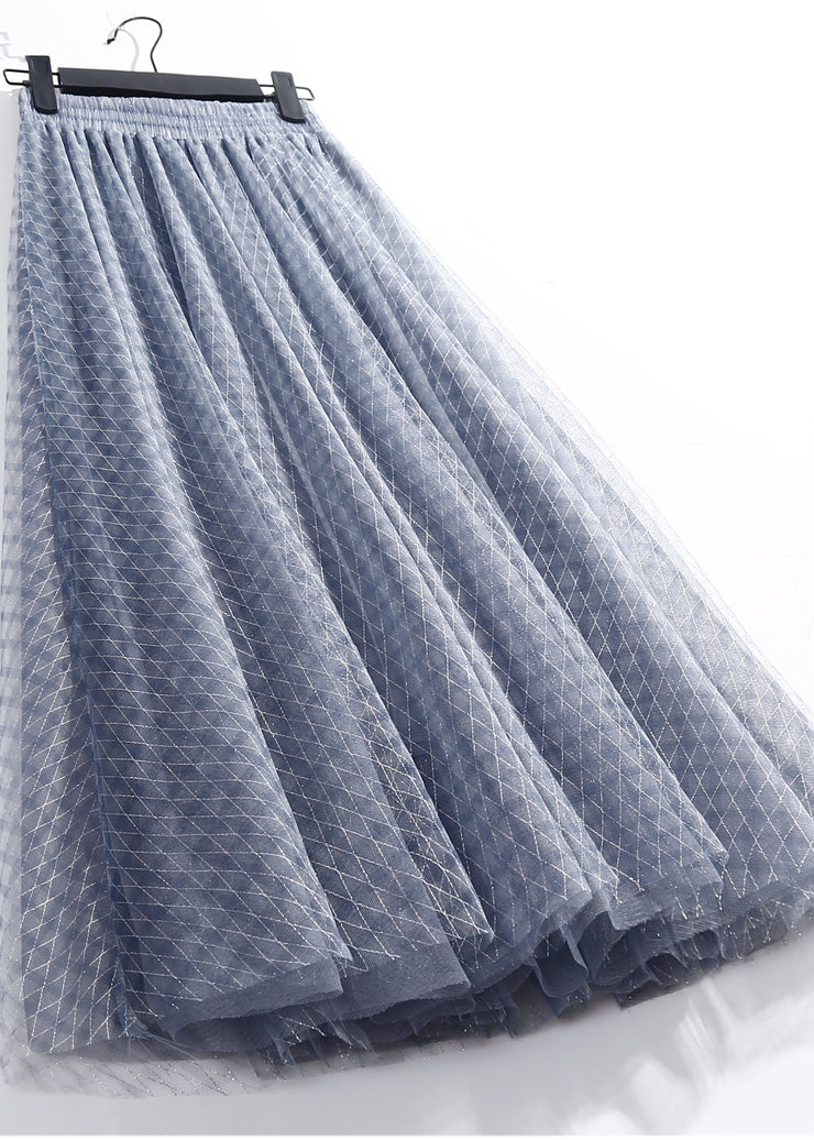 Elegant Blue Elastic Waist Plaid Tulle A Line Skirts Spring