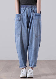 Elegant Blue Elastic Waist pockets Harem Summer Cotton Pants - SooLinen