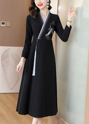 Elegant Blue Embroidered Button Long Dress Long Sleeve