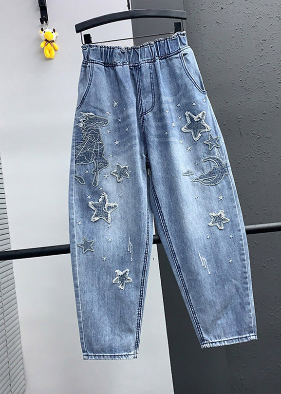 Elegant Blue Embroidered Pockets Elastic Waist Denim Crop Pants Summer