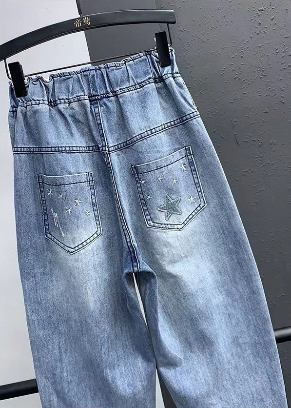 Elegant Blue Embroidered Pockets Elastic Waist Denim Crop Pants Summer