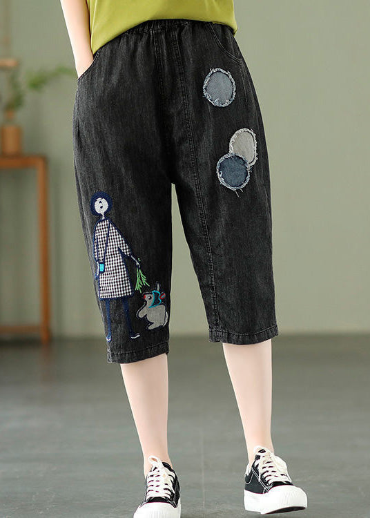 Elegant Blue Embroidered Print Elastic Waist Denim Crop Pants Summer