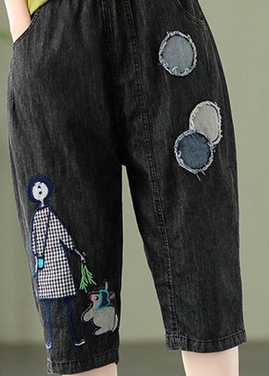 Elegant Blue Embroidered Print Elastic Waist Denim Crop Pants Summer