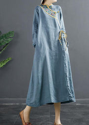 Elegant Blue Embroidery Tunic Stand Collar A Line Dress - SooLinen