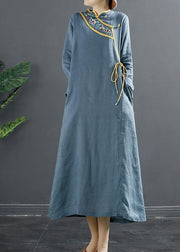 Elegant Blue Embroidery Tunic Stand Collar A Line Dress - SooLinen