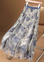 Elegant Blue Embroidery Wrinkled Tulle Skirts Summer