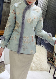 Elegant Blue Fur Collar Embroidered Warm Fleece Parka Winter