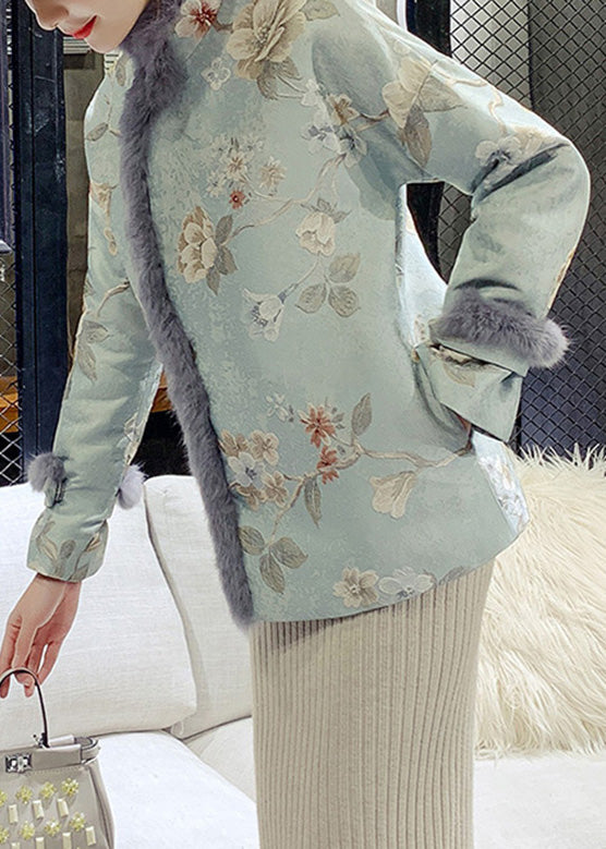 Elegant Blue Fur Collar Embroidered Warm Fleece Parka Winter