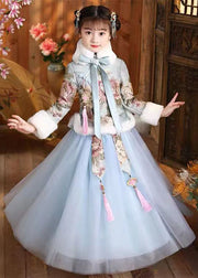 Elegant Blue Fur Collar Print Button Girls Coats And Tulle Maxi Skirts Two Pieces Set Long Sleeve