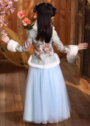 Elegant Blue Fur Collar Print Button Girls Coats And Tulle Maxi Skirts Two Pieces Set Long Sleeve