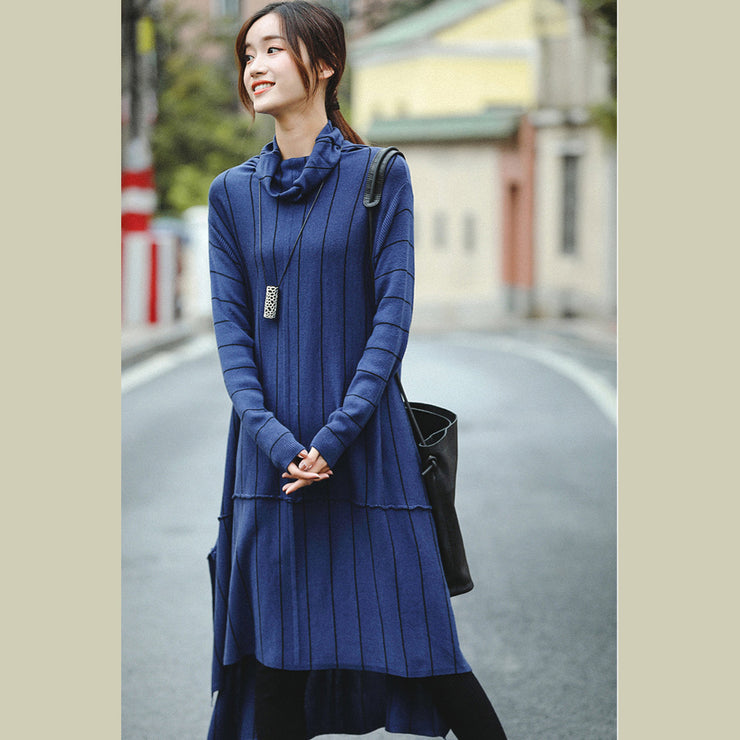 Elegant Blue High Neck Loose Fashion Sweater Dresses For Women
