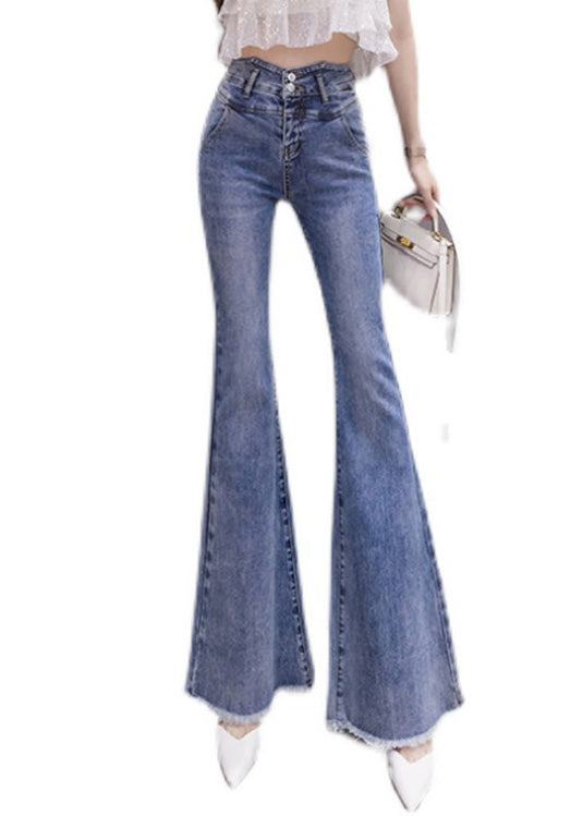 Elegant Blue High Waist Button Long Jeans Spring
