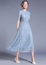 Elegant Blue Hollow Out Embroidered Patchwork Lace Long Dresses Summer