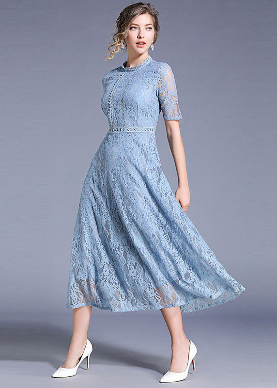 Elegant Blue Hollow Out Embroidered Patchwork Lace Long Dresses Summer