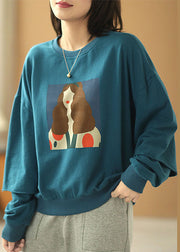 Elegant Blue Loose O-Neck Print Fall Sweatshirts Top