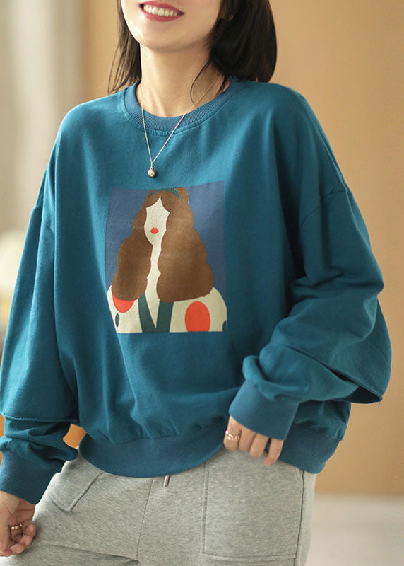 Elegant Blue Loose O-Neck Print Fall Sweatshirts Top