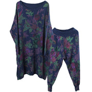 Elegant Blue Loose O-Neck side Open Fall Print Two Pieces Set Long Sleeve