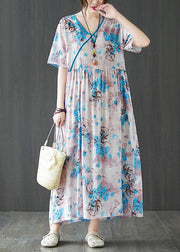 Elegant Blue Loose Patchwork Pockets Summer Vacation Dress Short Sleeve - SooLinen