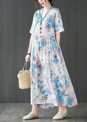 Elegant Blue Loose Patchwork Pockets Summer Vacation Dress Short Sleeve - SooLinen