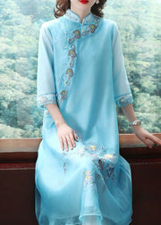 Elegant Blue Mandarin Collar Embroidered Chiffon A Line Dresses Bracelet Sleeve