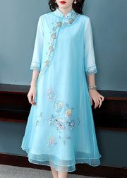 Elegant Blue Mandarin Collar Embroidered Chiffon A Line Dresses Bracelet Sleeve