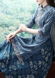 Elegant Blue Mandarin Collar Embroidered Patchwork Cotton Denim Fake Two Piece Dress Half Sleeve